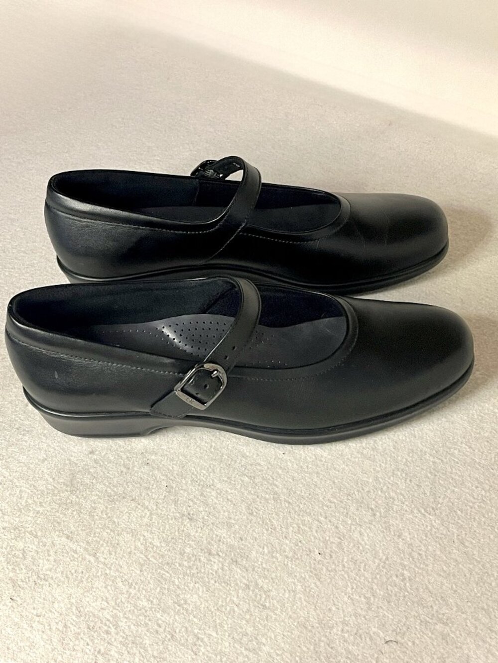 SAS Black Leather Mary Jane Flats with Buckle